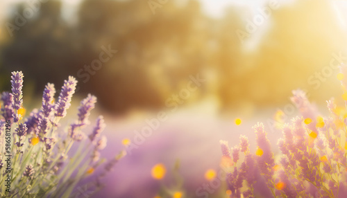 Provence lavender flowers cozy background. Beautiful nature outdoor background. AI generative image.