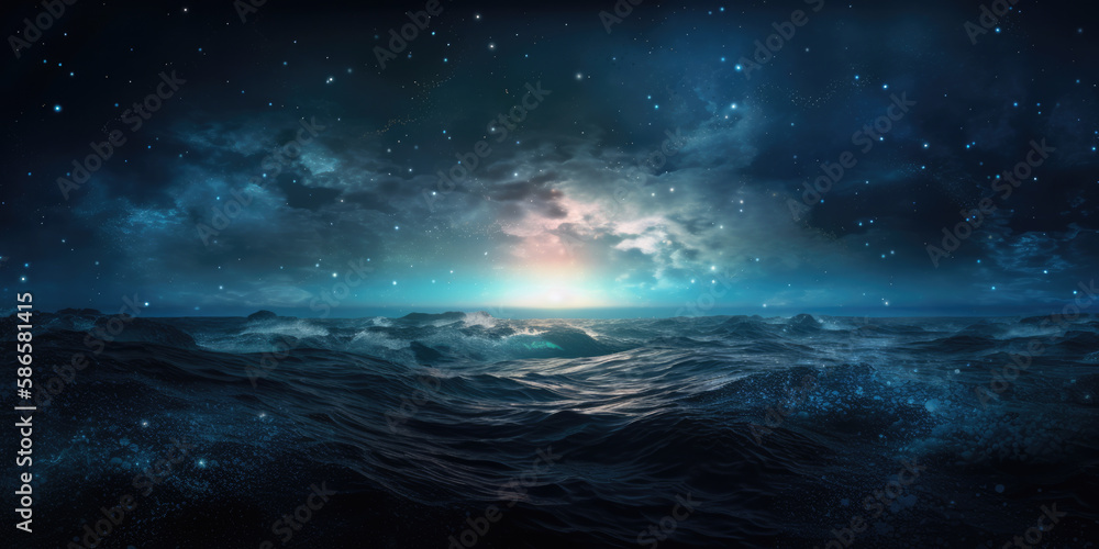 Otherworldly milky way midnight sky over deep blue sea, bright stars, vivid nebula cloud colors, peaceful twilight hour at the ocean shore- generative AI