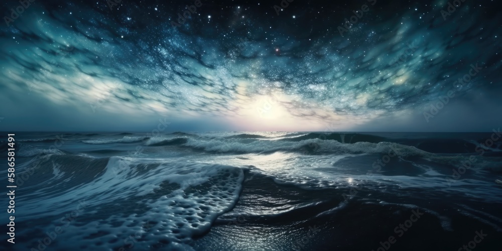 Fototapeta premium Otherworldly milky way midnight sky over deep blue sea, bright stars, vivid nebula cloud colors, peaceful twilight hour at the ocean shore- generative AI