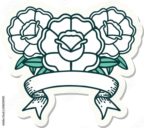 tattoo sticker with banner of a bouquet of flowers