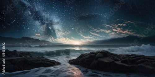 Otherworldly milky way midnight sky over deep blue sea, bright stars, vivid nebula cloud colors, peaceful twilight hour at the ocean shore- generative AI © SoulMyst