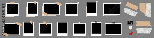 Realistic photo frames. Retro vintage photograph with transparent adhesive tape and paper clip. Images different forms on wall, blank retro memory album. Photography mockup. Vector EPS 10