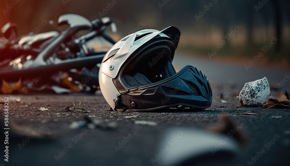 Motorcycle crash road accident with broken motorbike and helmet. City background. Banner with copy space. AI generative image. - obrazy, fototapety, plakaty 