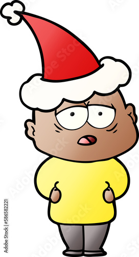 gradient cartoon of a tired bald man wearing santa hat © lineartestpilot