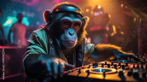 Funny monkey dj at turn table console, disco edm party, night club illustration. AI generative image.
