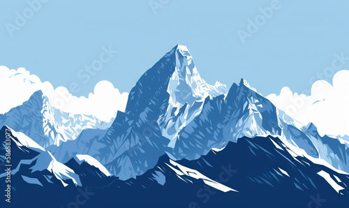  a blue and white mountain scene with clouds in the sky and a blue sky with a few white clouds in the sky and a blue sky with a few white clouds. generative ai