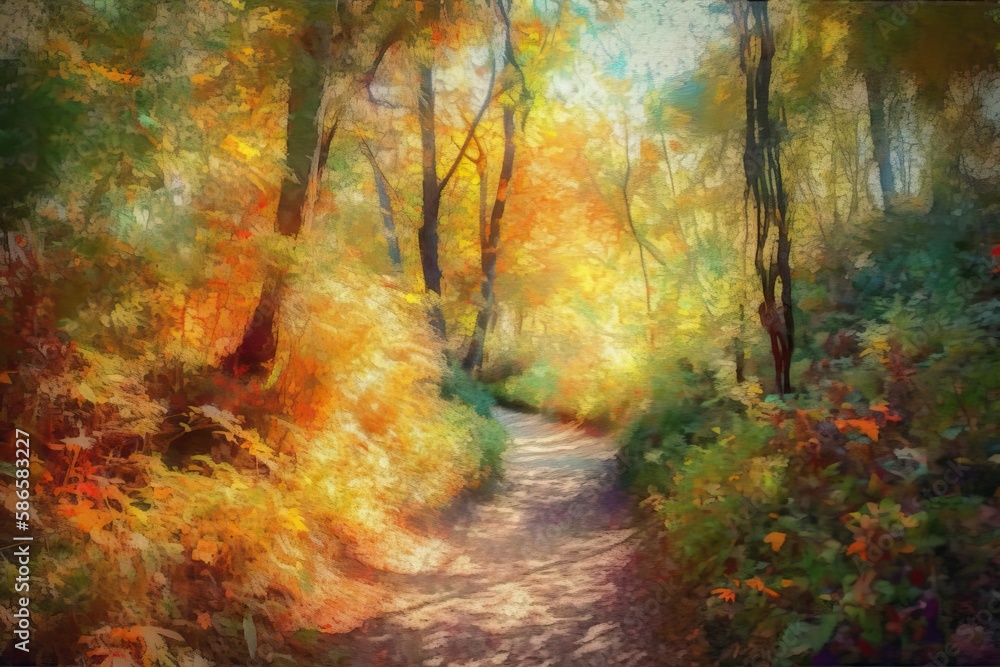 serene forest pathway surrounded by tall trees and foliage. Generative AI serene forest pathway surrounded by tall trees and foliage. Generative AI