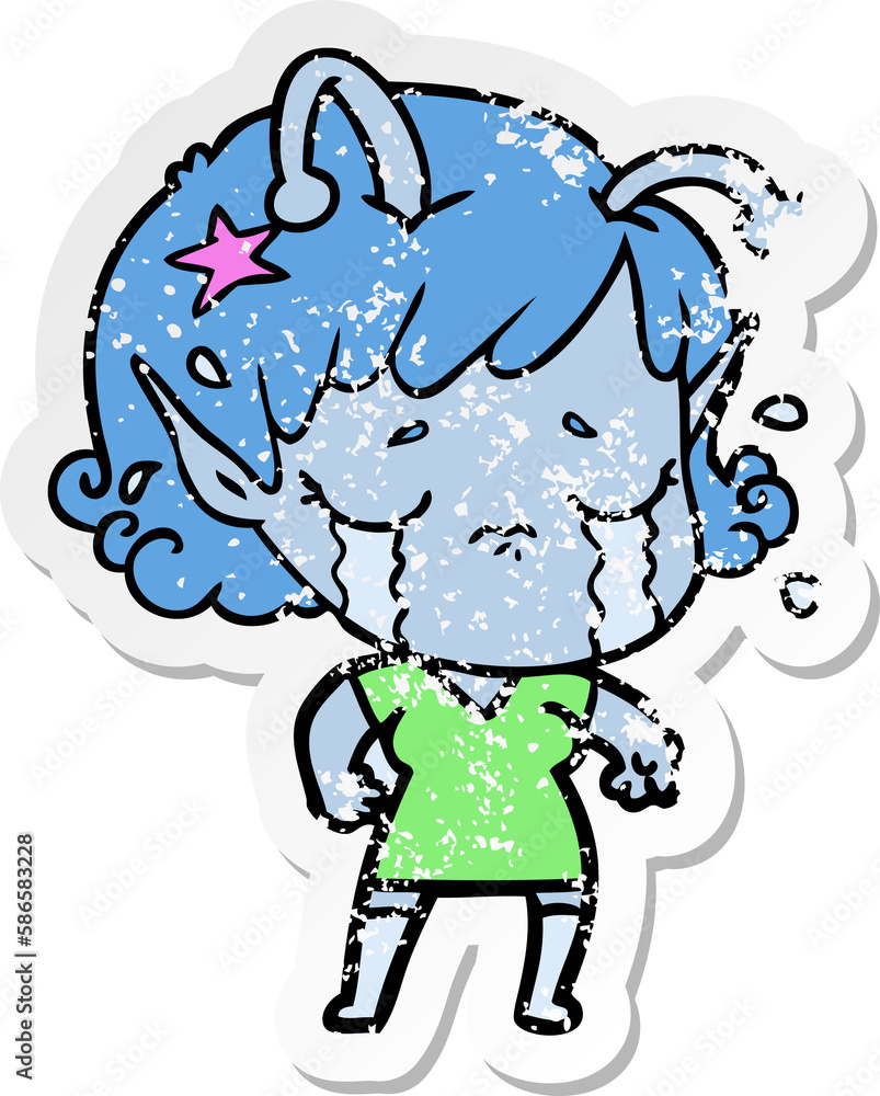 distressed sticker of a cartoon crying alien girl distressed sticker of a cartoon crying alien girl
