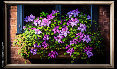  a painting of purple flowers in a window box on a brick wall with blue windowsills and a brick wall behind it and a window with a wooden frame. generative ai