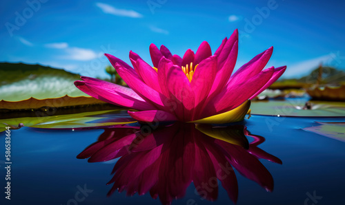  a large pink flower sitting on top of a lake next to a lily pad with water lilies on it's side and a blue sky background. generative ai
