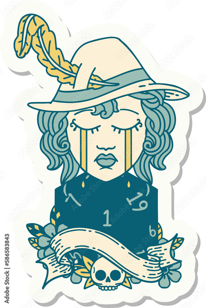 crying human druid character with natural one D20 roll sticker crying human druid character with natural one D20 roll sticker