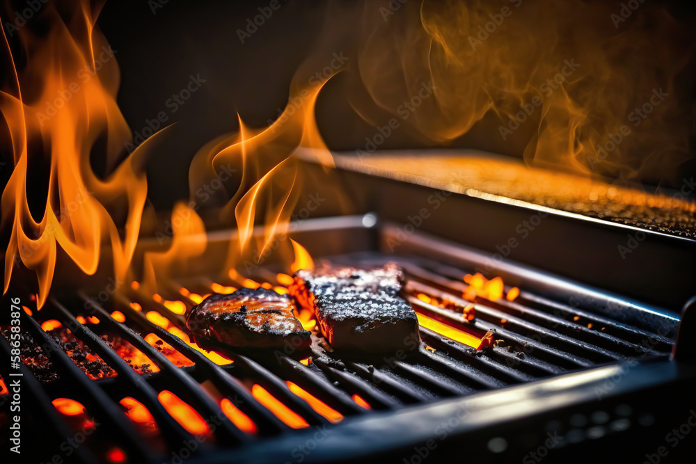 Preparing process of tasty juicy meat on grill fire, roasted grilled food illustration, cooking. Indoor background. AI generative image.