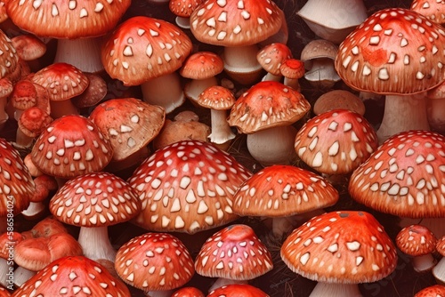 Beautiful fly agaric fungal seamless patter. Wrapping paper endless texture with amanita mushrooms. Fabric design template. AI generative image.