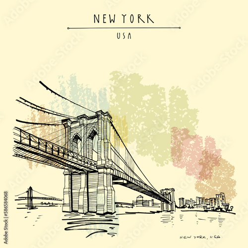 Vector New York, USA postcard. Hand drawn vintage NY touristic poster. Brooklyn bridge. Travel sketch. Artistic vintage hand drawing, greeting card, art print