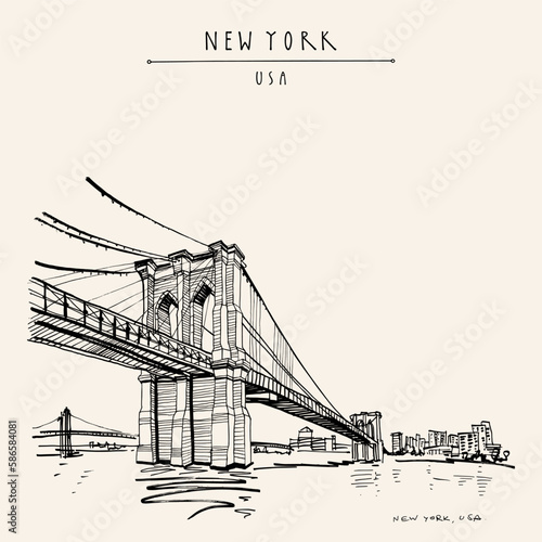 Vector New York, USA postcard. Hand drawn vintage NY touristic poster. Brooklyn bridge. Travel sketch. Artistic vintage hand drawing, greeting card, art print