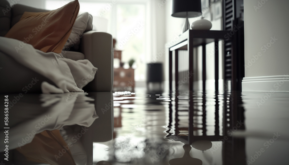 Flooding in the house interior, insurance case. Flood background with copy space. AI generative image. Flooding in the house interior, insurance case. Flood background with copy space. AI generative image.