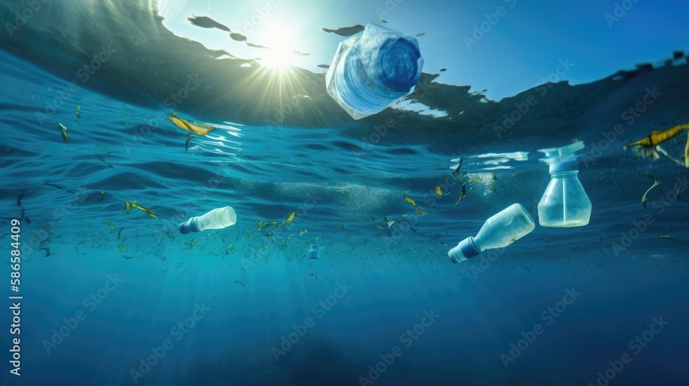 Plastic bottle floating in ocean with aquatic animal, fish. Ocean ...