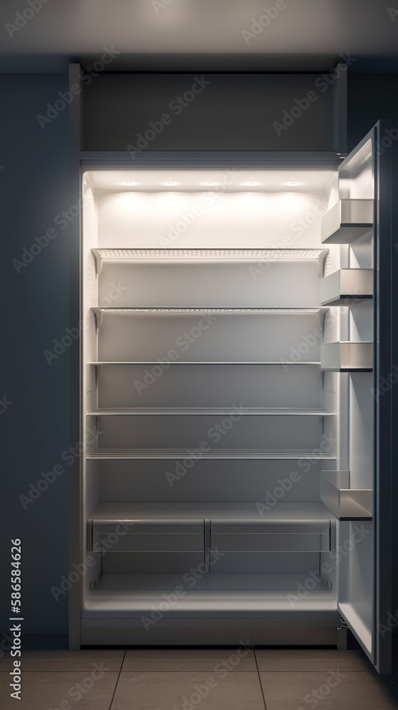 Clean big open fridge with empty shelves. Vertical illustration of kitchen refrigerator with no objects. Copy space. AI generative image. Clean big open fridge with empty shelves. Vertical illustration of kitchen refrigerator with no objects. Copy space. AI generative image.