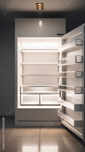 Clean big open fridge with empty shelves. Vertical illustration of kitchen refrigerator with no objects. Copy space. AI generative image.