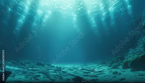 Beautiful abstract underwater scene, deep ocean blue water backdrop with copy space. Seascape background. AI generative image.