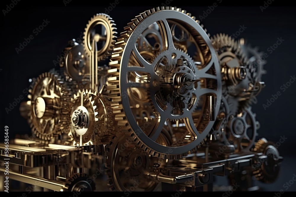 mechanical clock with intricate metal gears and cogs. Generative AI