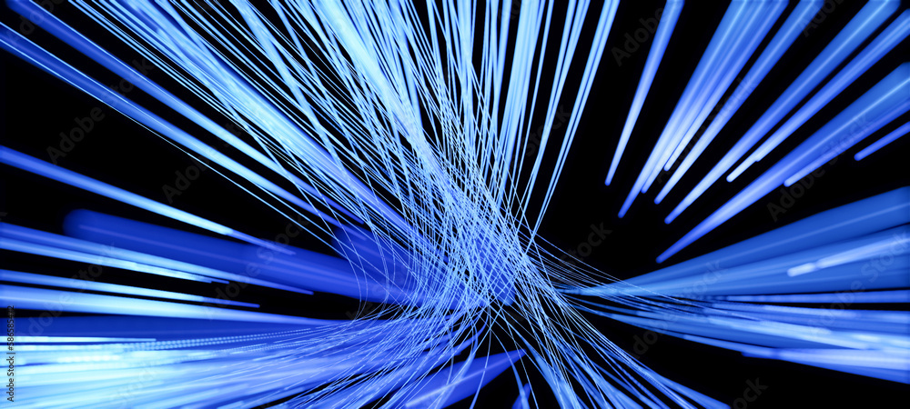 Obraz premium Abstract 3D illustration of glowing bright blue neon light streaks in motion. Visualization of data transfer, rapid movement or cyberspace on black background
