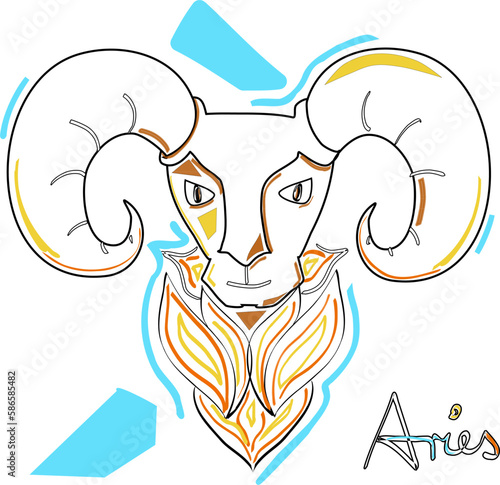 Aries Signo del Zodiaco, Dibujo a color con nombre, Vector Ilustración 