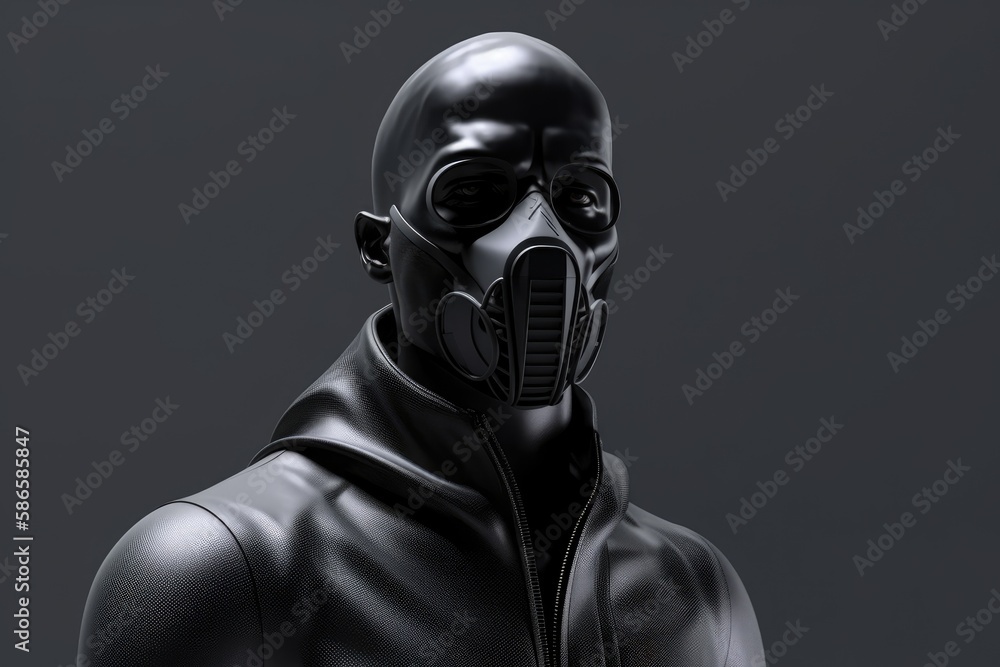 mysterious figure in a black leather suit and gas mask. Generative AI