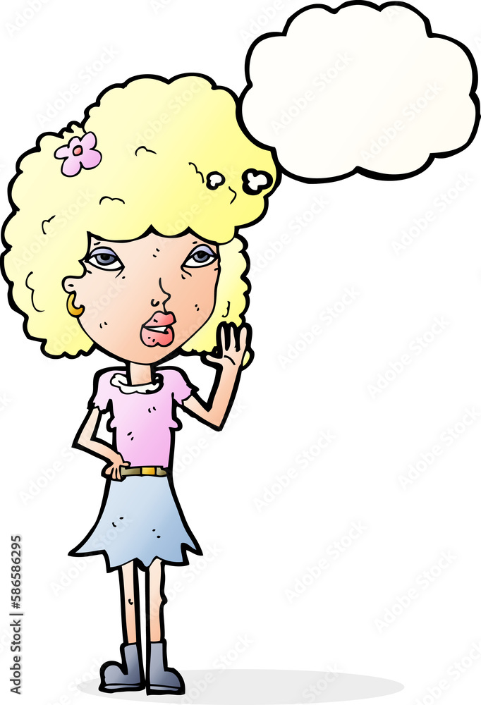 cartoon woman waving with thought bubble cartoon woman waving with thought bubble