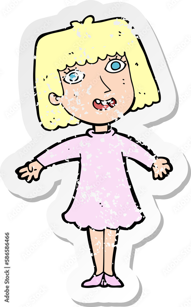 retro distressed sticker of a cartoon happy woman in dress retro distressed sticker of a cartoon happy woman in dress