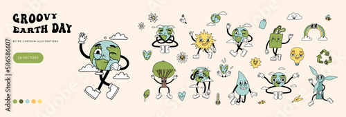 Groovy y2k retro eco cartoon elements set. Happy earth day ecology sticker design collection. Environment day trendy graphic. Isolated on white background. Ecological vector illustration