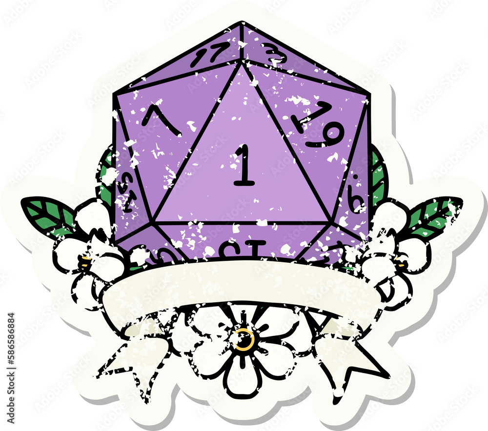 natural one d20 dice roll grunge sticker natural one d20 dice roll grunge sticker