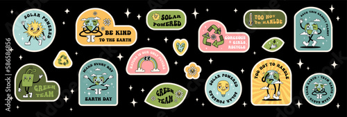 Groovy y2k retro eco cartoon stickers set. Happy earth day ecology sticker design collection. Environment day trendy badges. Isolated on dark background. Ecological vector illustration