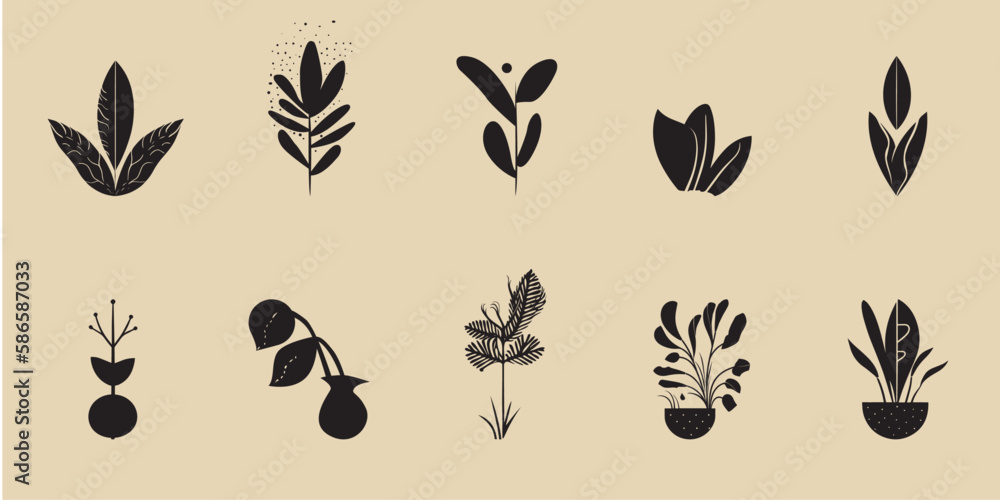 Abstract Botanical elements for minimal design, collections of abstract scandinavian style silhouette drawings. botany set, templates for posters, banners, stickers.