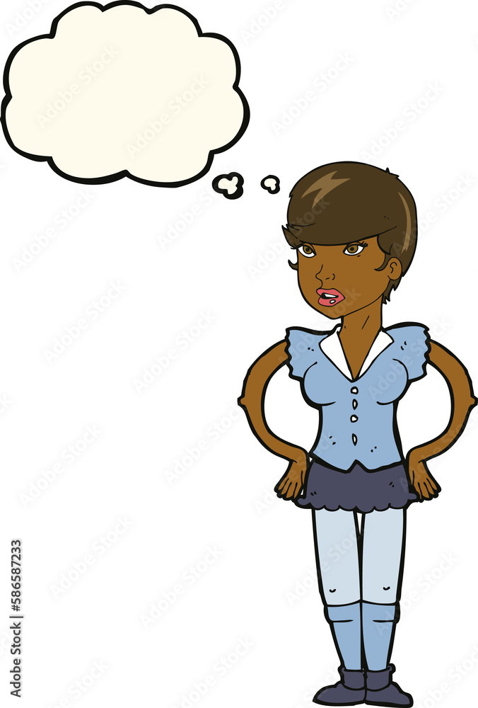 cartoon woman with hands on hips with thought bubble cartoon woman with hands on hips with thought bubble
