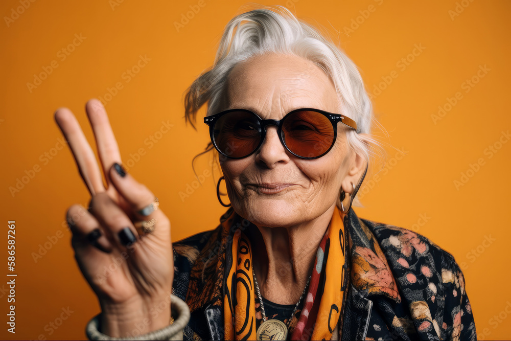 Portrait of a cool trendy old woman wearing fashionable clothes and sunglasses. Generative ai
