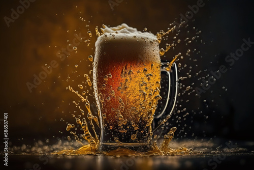 Mug of tasty cold beer on dark background. AI generative image.