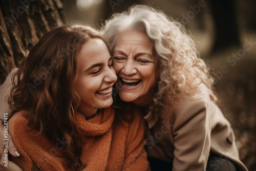 Fototapeta Young woman with older mother cuddling together