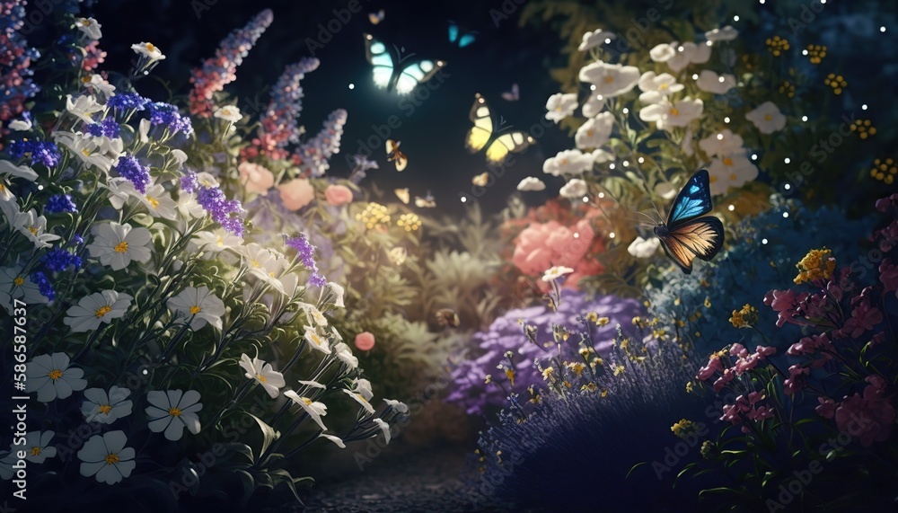 Obraz premium Beautiful fantasy garden with different flowers and butterfly. Blooming outdoor background. AI generative image.