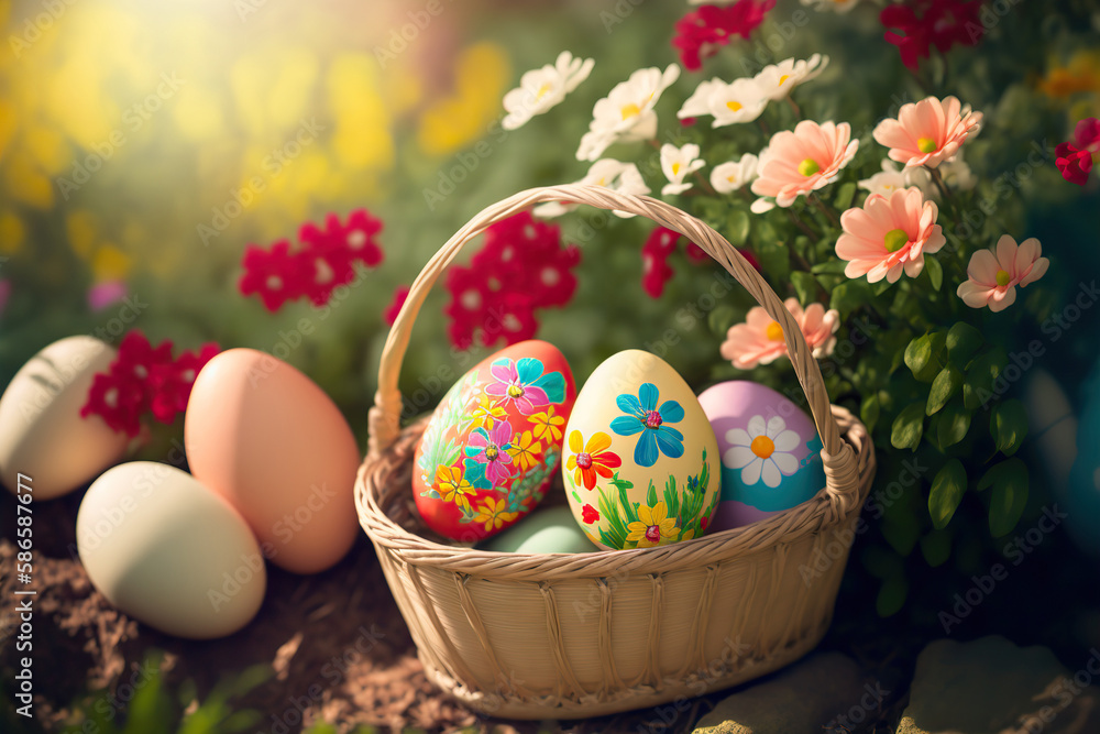 Beautiful wicker basket with multicolored Easter eggs. Outdoor flower garden background. Spring holiday concept. Ai generative.