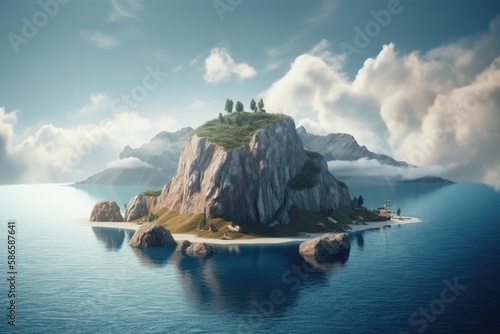 serene island surrounded by calm waters. Generative AI