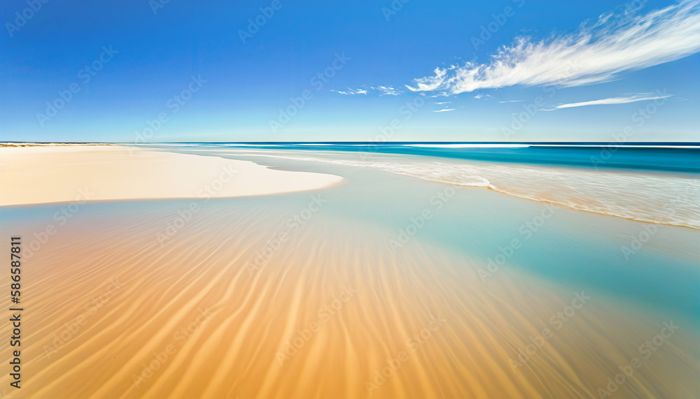 Beautiful and peaceful sea sandy coast, sunny summer beach scene, outdoor background. Horizontal pc splash screen. AI generative image. Beautiful and peaceful sea sandy coast, sunny summer beach scene, outdoor background. Horizontal pc splash screen. AI generative image.