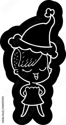 happy cartoon icon of a girl in cocktail dress wearing santa hat