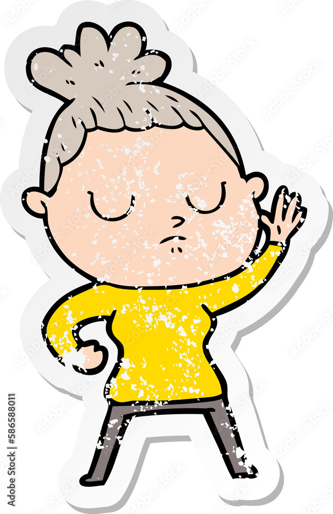 distressed sticker of a cartoon calm woman distressed sticker of a cartoon calm woman