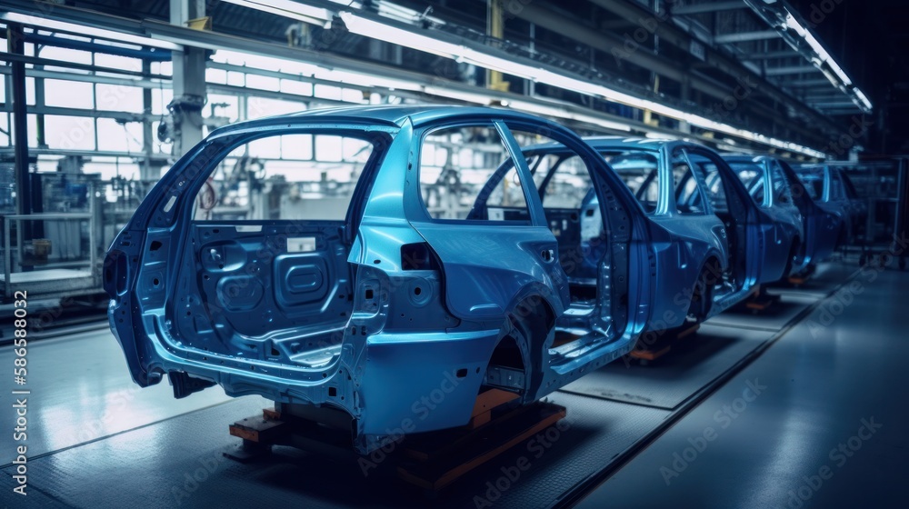 Car bodies are on Assembly line. Modern automotive industry. Generative AI. Car bodies are on Assembly line. Modern automotive industry. Generative AI.