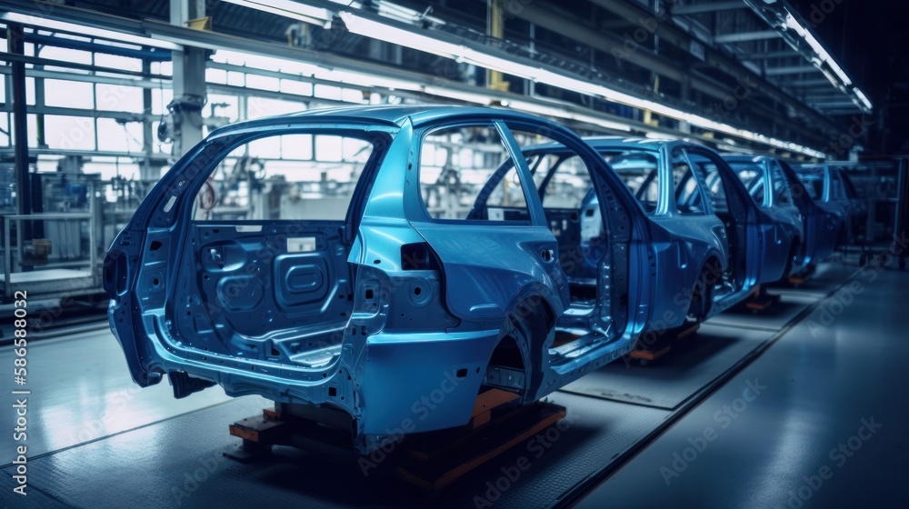 Car bodies are on Assembly line. Modern automotive industry. Generative AI.