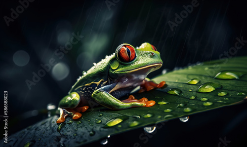  a frog with red eyes sitting on a green leaf in the rain with drops of water on it's back legs and a dark background. generative ai