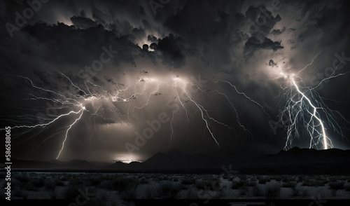  a black and white photo of a lightning storm in the sky over a desert area with a mountain in the distance and a dark sky with clouds. generative ai