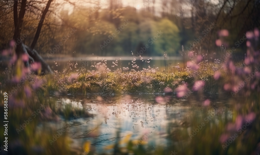  a pond surrounded by flowers and trees in a park with the sun shining through the trees and the water reflecting the water's surface.  generative ai