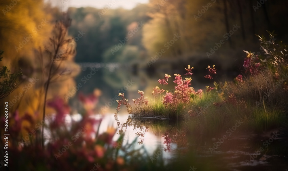 a pond surrounded by trees and flowers with a bridge in the distance in the distance in the distance is a body of water with a body of water in the foreground.  generative ai